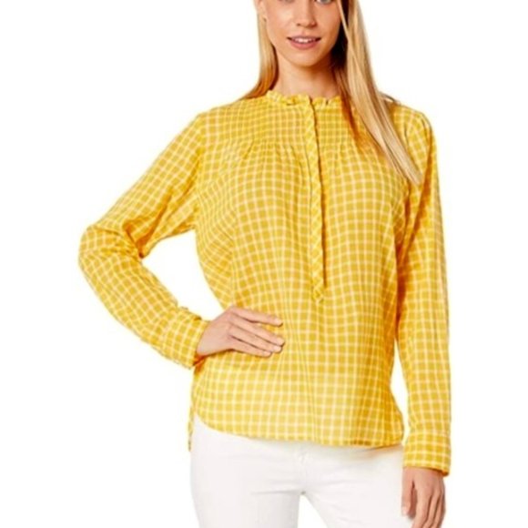 J. Crew Tops - J CREW Yellow Gingham Ruffle Trim Blouse